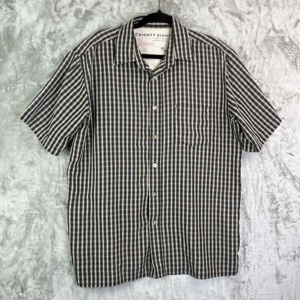 Eighty Eight Mens Button Down Shirt Black Plaid Short Sleeve Cotton Size M